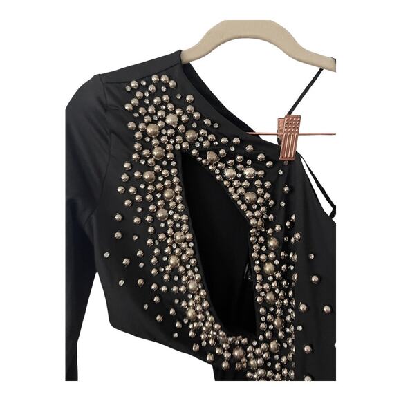 NBD Isla One Shoulder Mini Dress Cut Out Embellished Detachable Sleeve Black S - Picture 5 of 16